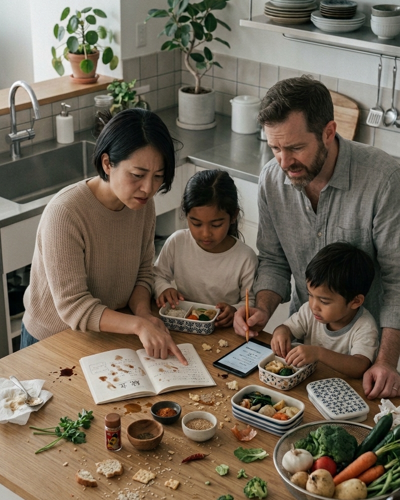 A busy kitchen counter mid meal-planning